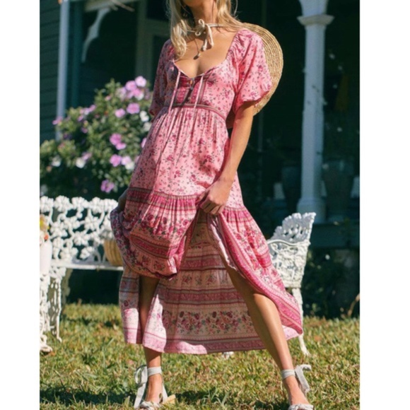 Dresses & Skirts - Boho Pink Floral Print Off Shoulder Midi Dress